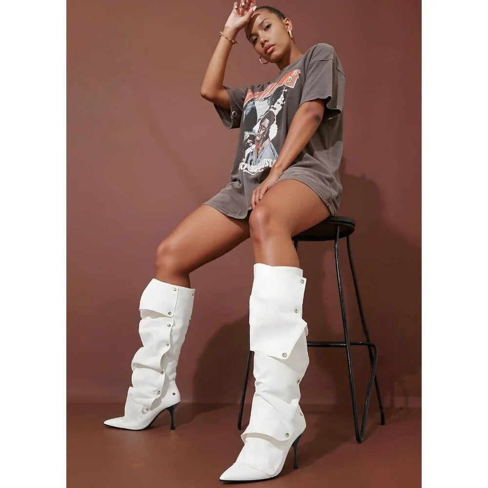 Women White Suede Detachable Snap-off Panel Fold Over Fall Shark Knee High Boot